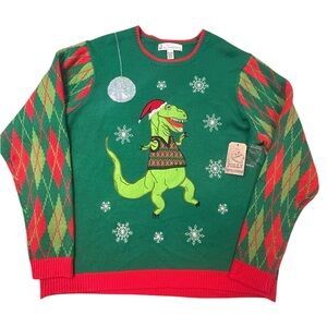 Jolly Sweaters Green T-Rex Dinosaur Christmas‎ Sweater NWT 2XL